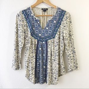Lucky Brand Crochet Trim 3/4 Sleeve Boho Blouse